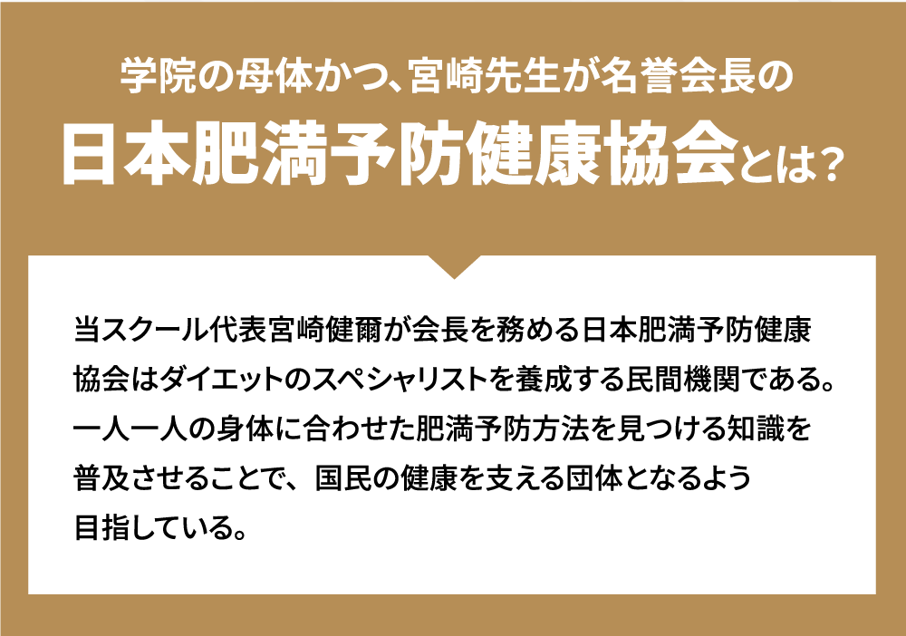 学院の母体かつ、宮崎先生が名誉会長の日本肥満予防健康協会とは?当スクール代表宮崎健条が会長を務める日本肥満予防健康協会はダイエットのスペシャリストを養成する民間機関である。一人一人の身体に合わせた肥満予防方法を見つける知識を普及させることで、国民の健康を支える団体となるよう目指している。