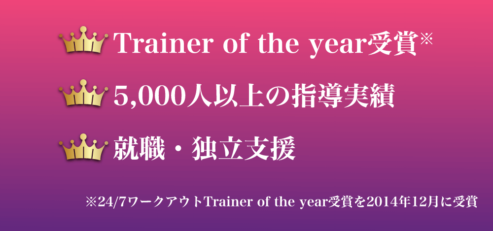 Trainer of the year受賞,5,000人以上の指導実績,就職・独立支援
