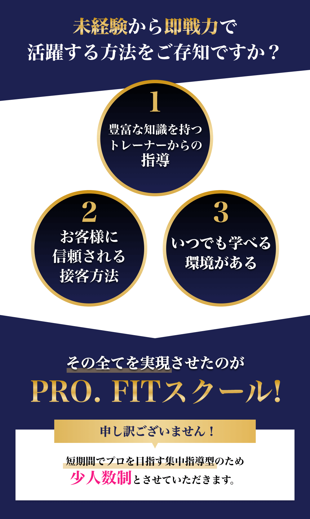 未経験から即戦力で活躍する方法　豊富な知識を持つトレーナーから学ぶ環境　お客様に信頼される接客方法　いつでも学べる環境 その全てを実現させたのがPRO.FITスクール