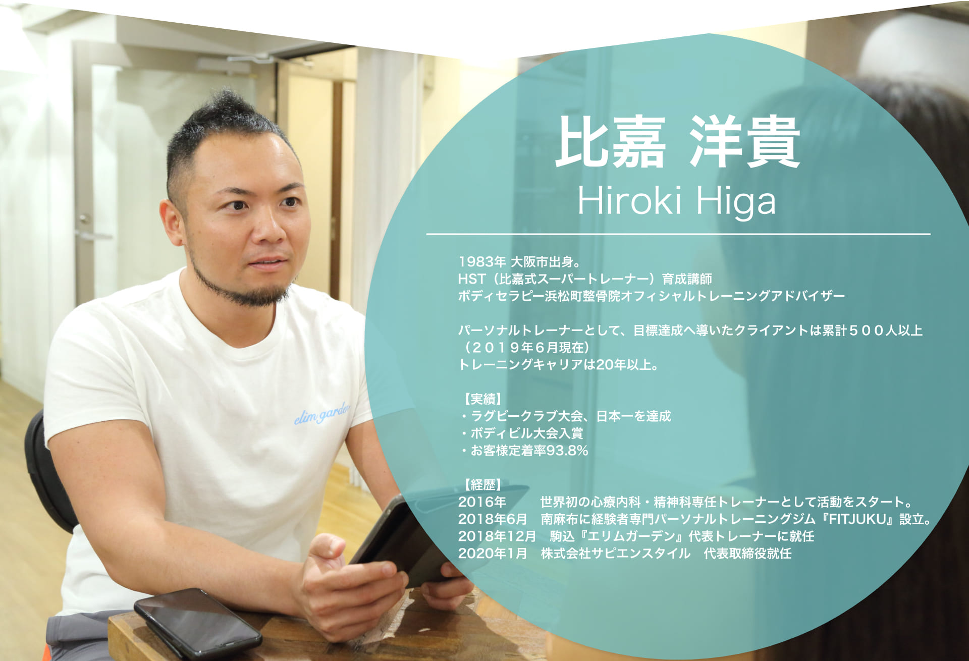 比嘉洋貴,Hiroki Higa,1983年,大阪市出身。,HST(比嘉式スーパートレーナー)育成講師,ボディセラピー浜松町整骨院オフィシャルトレーニングアドバイザー,パーソナルトレーナーとして、目標達成へ導いたクライアントは累計500人以上(2019年6月現在),トレーニングキャリアは20年以上。実績,ラグビークラブ大会、日本一を達成,ボディビル大会入賞,お客様定着率93.8%,経歴,2016年,世界初の心療内科・精神科専任トレーナーとして活動をスタート。2018年6月 南麻布に経験者専門パーソナルトレーニングジム『FITJUKU』設立。2018年12月,駒込『エリムガーデン』代表トレーナーに就任