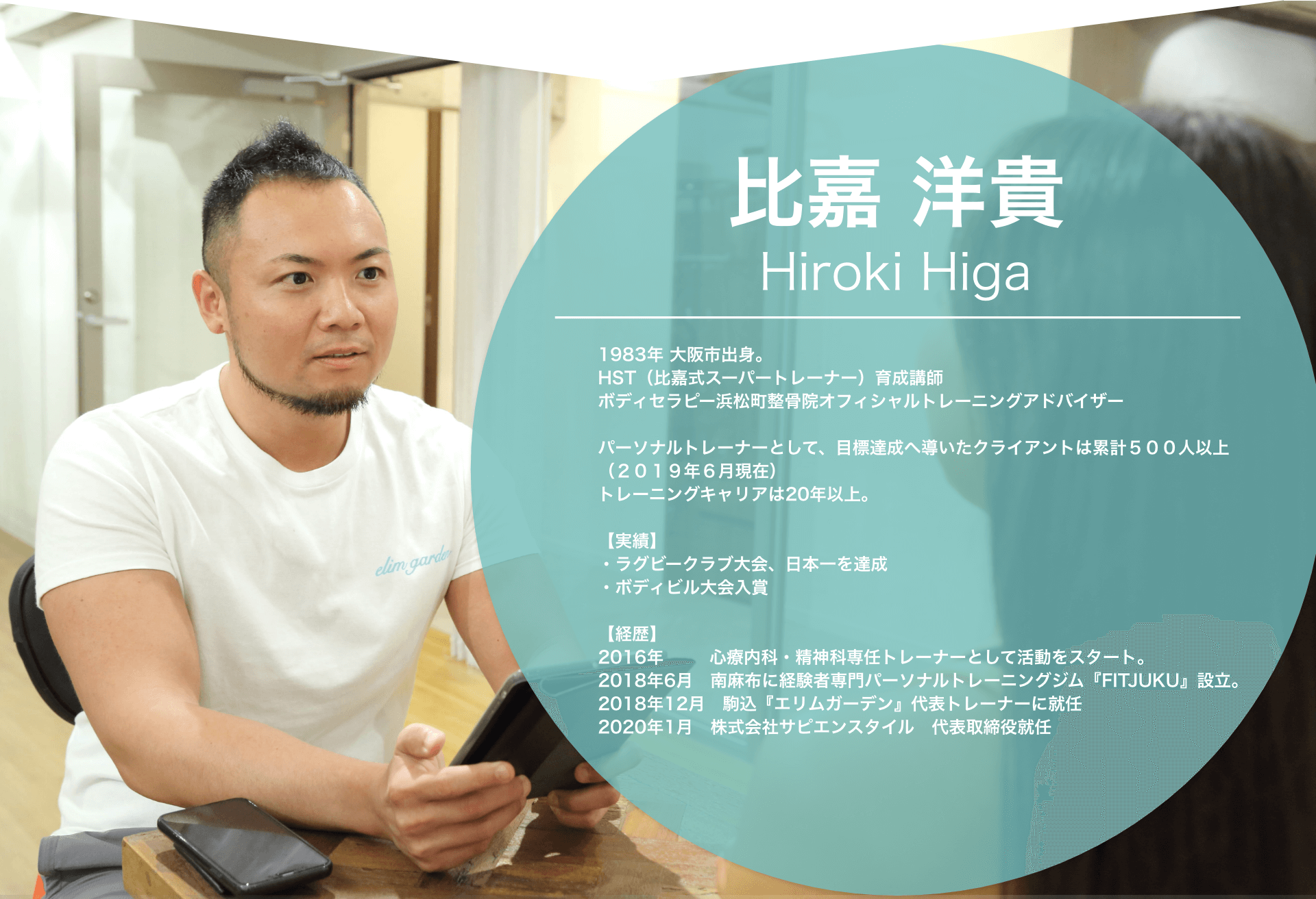 比嘉洋貴,Hiroki Higa,1983年,大阪市出身。,HST（比嘉式スーパートレーナー）育成講師,ボディセラピー浜松町整骨院オフィシャルトレーニングアドバイザー,パーソナルトレーナーとして、目標達成へ導いたクライアントは累計５００人以上（２０１９年６月現在）,トレーニングキャリアは20年以上。実績,ラグビークラブ大会、日本一を達成,ボディビル大会入賞,お客様定着率93.8%,経歴,2016年,世界初の心療内科・精神科専任トレーナーとして活動をスタート。2018年6月　南麻布に経験者専門パーソナルトレーニングジム『FITJUKU』設立。2018年12月,駒込『エリムガーデン』代表トレーナーに就任