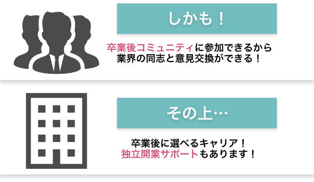 卒業後コミュニティに参加できるから業界の同志と意見交換ができる！,卒業後に選べるキャリア！独立開業サポートもあります